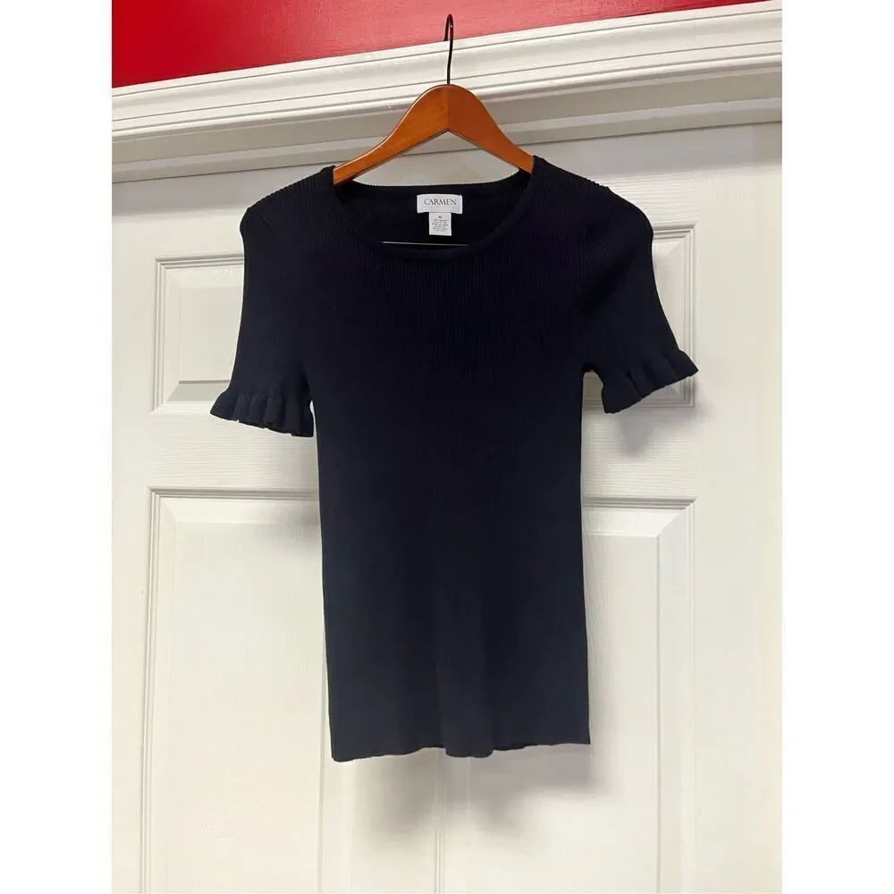 Carmen Marc Valvo Black Ribbed Short Sleeve Flutter Sleeve Sweater sz M EUC